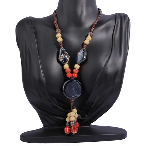 Retro Ethnic Style Geometric Ceramics Beaded Tassel Braid Women's Long Necklace