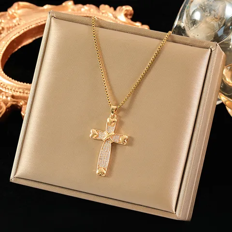 Wholesale Simple Style Cross Stainless Steel Brass Plating Inlay 18K Gold Plated Zircon Pendant Necklace