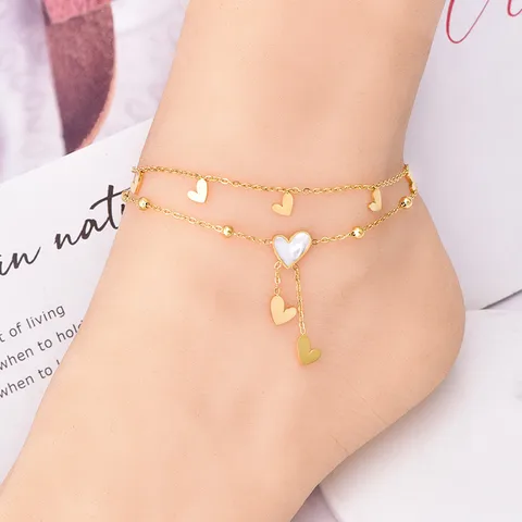 Wholesale Jewelry Sweet Heart Shape 304 Stainless Steel Shell 18K Gold Plated Inlay Anklet