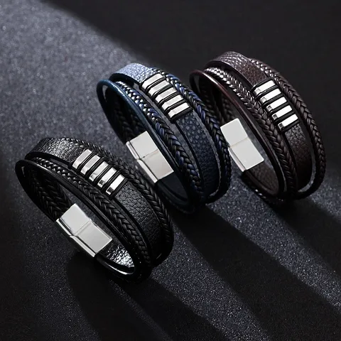 Hip-Hop Oval Stainless Steel Alloy Pu Leather Knitting Men'S Bangle