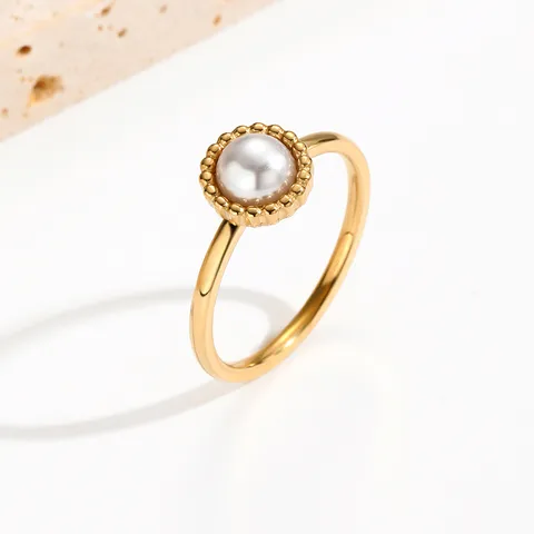 304 Stainless Steel 14K Gold Plated Korean Style Plating Inlay Round Artificial Pearls Rings