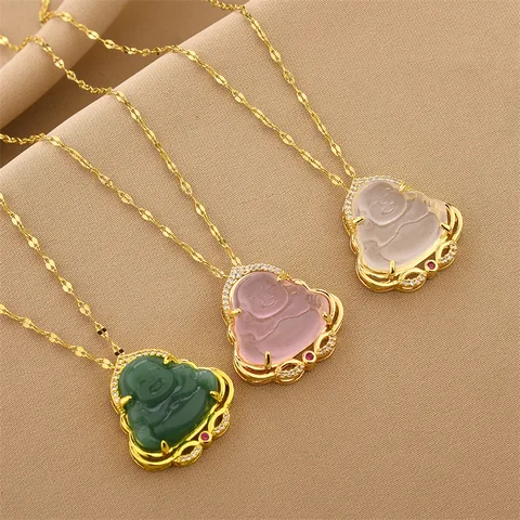 Wholesale Jewelry Classical Portrait 201 Stainless Steel Jade Zircon 18K Gold Plated Plating Inlay Pendant Necklace