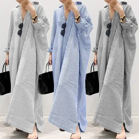 Women's Irregular Skirt Simple Style Shirt Collar Patchwork Long Sleeve Stripe Maxi Long Dress Street