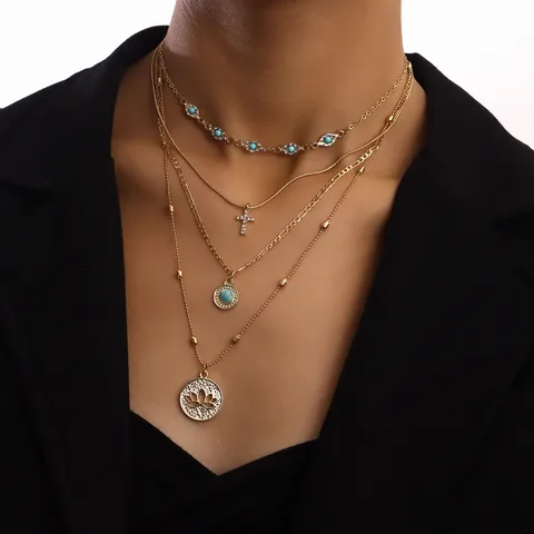 Retro Geometric Alloy Plating Inlay Turquoise Women's Layered Necklaces