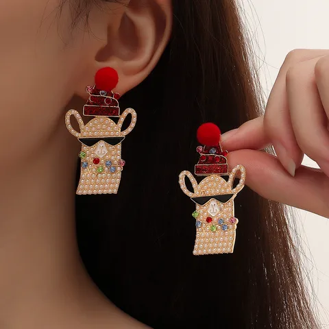 Cute Alpaca Alloy Inlay Artificial Pearls Rhinestones Christmas Women's Drop Earrings