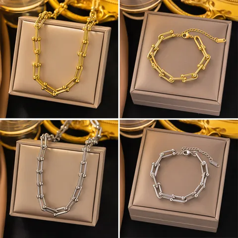 304 Stainless Steel 18K Gold Plated Casual Streetwear Plating U Shape Bracelets Necklace