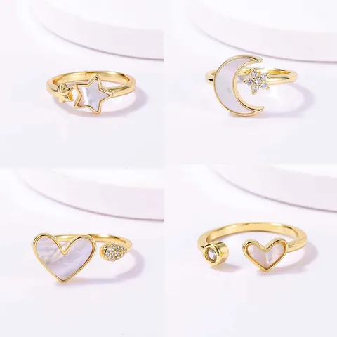 Casual Sweet Star Moon Heart Shape Shell Plating Inlay Shell Zircon 18k Gold Plated Women's Open Rings