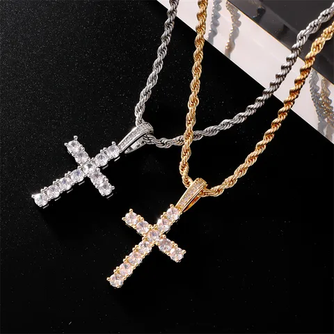 Hip-Hop Cross 304 Stainless Steel Copper Plating Inlay Zircon K Gold Plated Rhodium Plated Women's Pendant Necklace