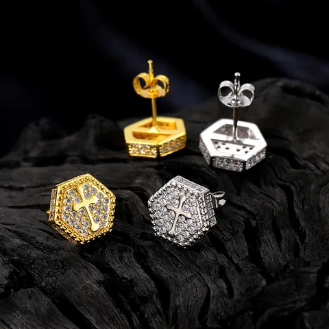 1 Pair Hip-Hop Hexagon Cross Plating Inlay Copper Zircon White Gold Plated Gold Plated Men Studs