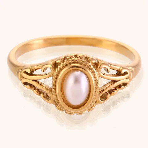 Modern Style Geometric Stainless Steel Plating Inlay Freshwater Pearl 18k Gold Plated Rings