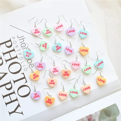 1 Pair Cute Letter Heart Shape Resin Metal Drop Earrings