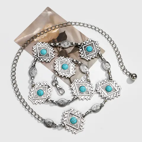 Wholesale Jewelry Vacation Ethnic Style Bohemian Argyle Alloy Turquoise Silver Plated Waist Chain