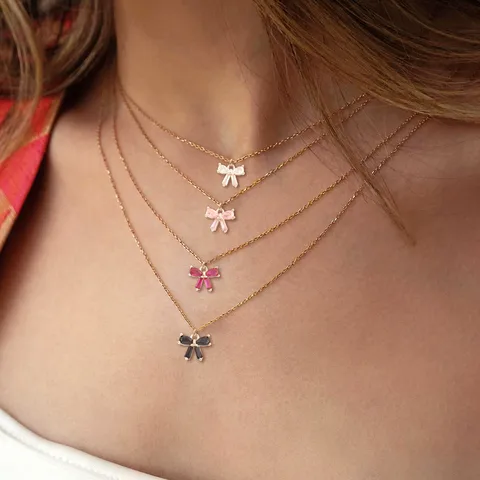 201 Stainless Steel Copper Inlay Bow Knot Artificial Crystal Pendant Necklace