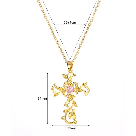 Original Fashion Design Temperament Copper Micro Inlaid Zircon Cross Petal Pendant Women's Necklace Ins Clavicle Chain 18K Real Gold Electroplating