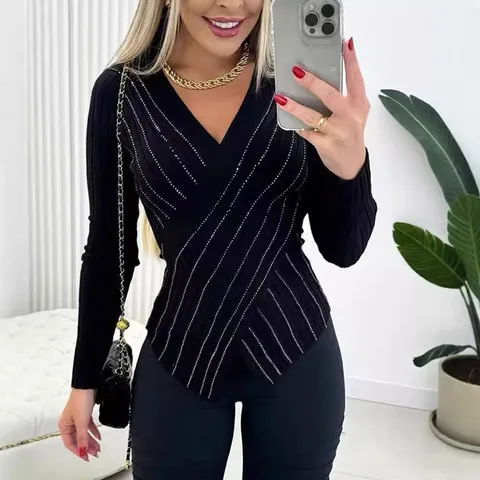 Women's Wrap Long Sleeve Blouses Elegant Stripe