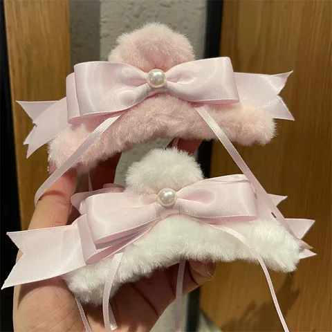 Women's Sweet Bow Knot Plush Pearl Hair Claws