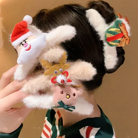 Women's Cute Christmas Tree Santa Claus Elk Plush Handmade Hair Claws