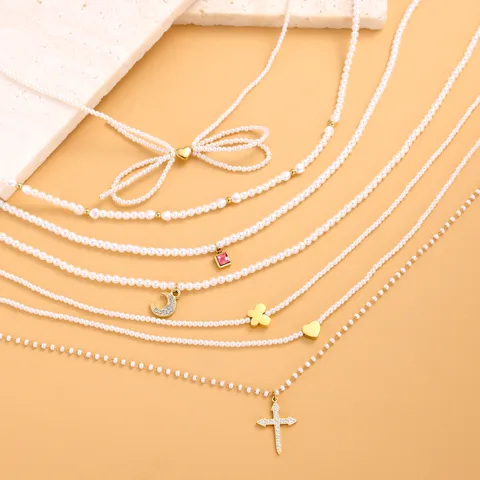 Sweet Simple Style Cross Moon Bow Knot Rhinestones Artificial Pearl Titanium Steel Wholesale Necklace