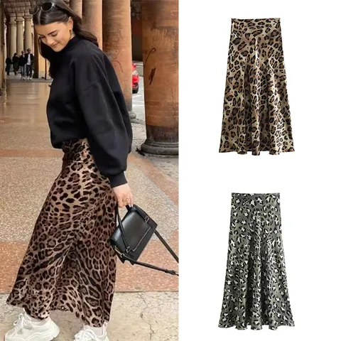 Spring Autumn Streetwear Leopard Polyester Maxi Long Dress Skirts