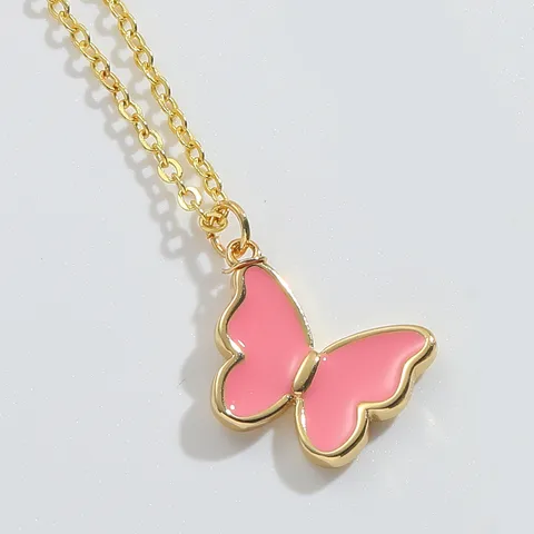 Copper 14K Gold Plated Enamel Butterfly Zircon Pendant Necklace