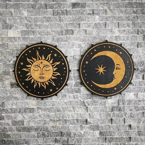 Retro Sun Moon Wood Pendant Wall Art