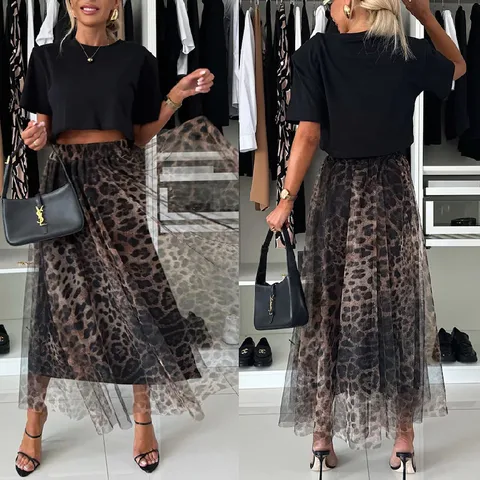 Spring Autumn Streetwear Leopard Polyester Chiffon Midi Dress Skirts