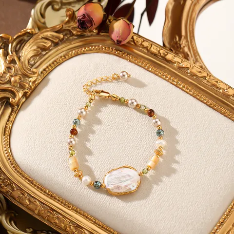 Baroque Style Geometric 18K Gold Plated Freshwater Pearl Shell Copper Wholesale Bracelets