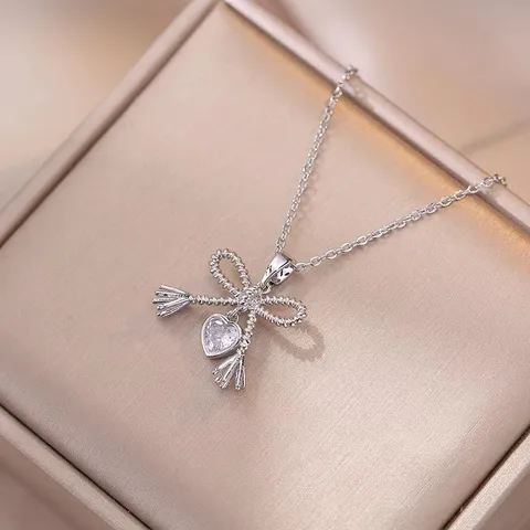 Wholesale Jewelry Sweet Simple Style Classic Style Heart Shape Bow Knot 304 Stainless Steel Pendant Necklace