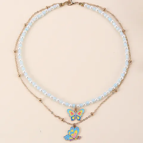 Princess Cute Preppy Style Butterfly Alloy Inlay Artificial Pearls Seed Bead Kid'S Layered Necklaces