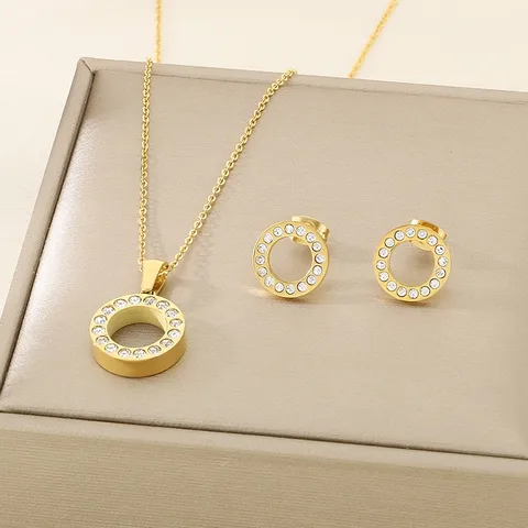 Wholesale Jewelry Simple Style Round 304 Stainless Steel Rhinestones 18K Gold Plated Plating Inlay Stainless Steel Jewelry Sets