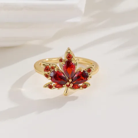 Copper Inlay Maple Leaf Zircon Open Rings