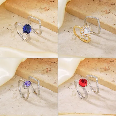 Copper Rhodium Plated Inlay Geometric Zircon Open Rings