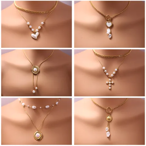 Wholesale Jewelry Elegant Heart Shape Imitation Pearl Titanium Steel Irregular Plating Pendant Necklace