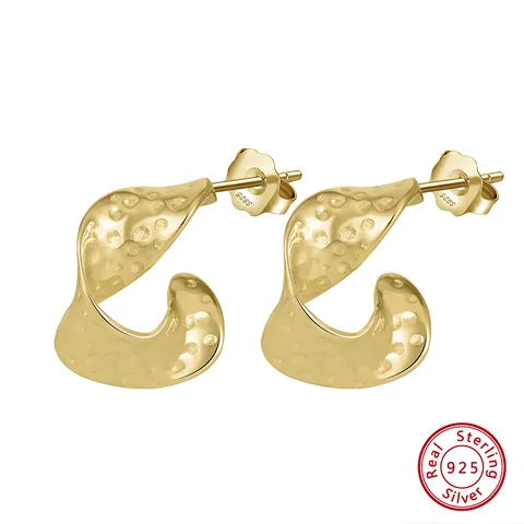 S925 Sterling Silver 14K Gold Plated Irregular C- Shaped Hoop Earrings Geometric Warping Wave Round Earrings