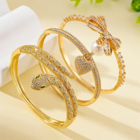 Copper Heart Shape Snake Bow Knot Zircon Bangle