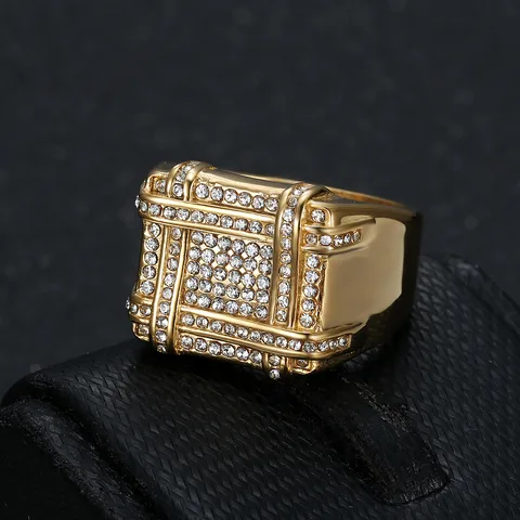 Hip-Hop Square Titanium Steel Plating Inlay Rhinestones 18K Gold Plated Men's Rings