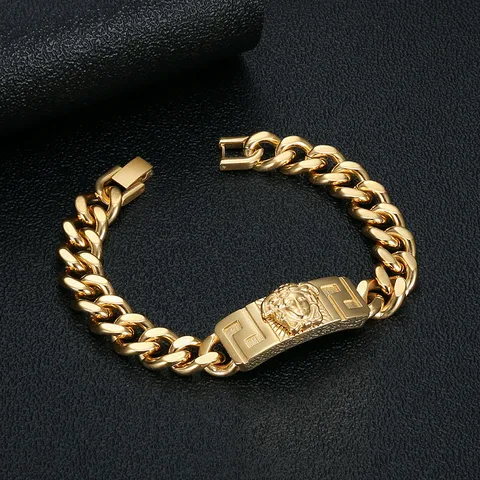 Hip-Hop Retro Lion Rectangle Titanium Steel Plating 18K Gold Plated Men's Bracelets