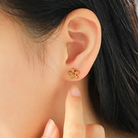 1 Pair Elegant Sweet Pastoral Flower Plating Inlay 304 Stainless Steel Zircon 14K Gold Plated Ear Studs