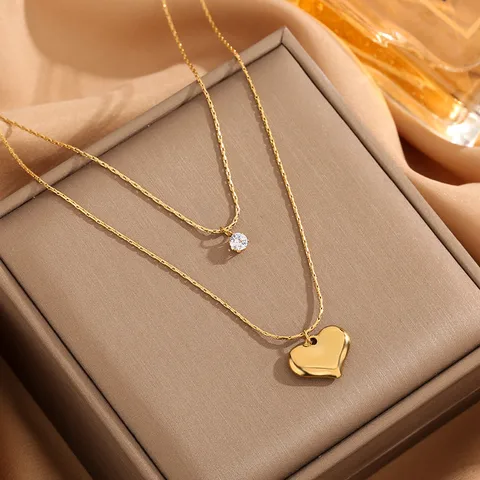 Wholesale Jewelry Elegant Luxurious Queen Heart Shape Titanium Steel Double Layer Necklaces