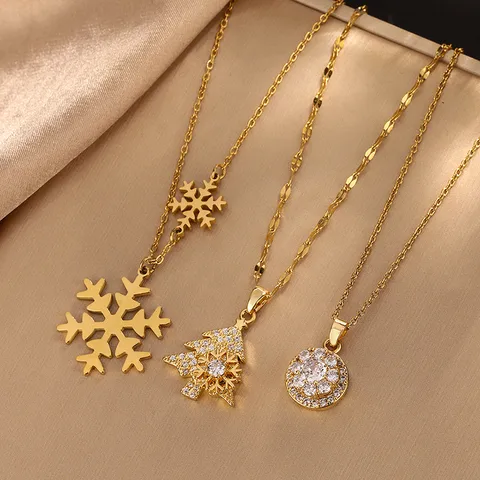 Wholesale Jewelry Casual Christmas Streetwear Round Christmas Tree Snowflake 304 Stainless Steel Pendant Necklace