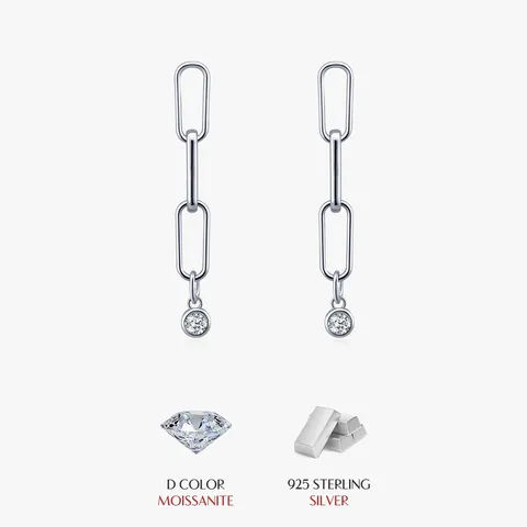 1 Pair Rhodium Plated Sterling Silver Moissanite VVS1-VVS2 Round Brilliant Cut GRA Certificate Geometric Drop Earrings