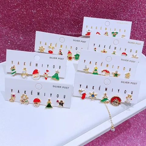 1 Set Yakemiyou Christmas Simple Style Christmas Tree Snowflake Deer Enamel Inlay Copper Zircon 14K Gold Plated Ear Studs