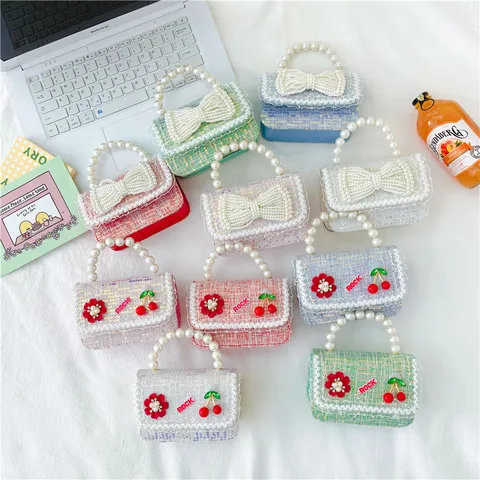 Girl'S Cotton And Linen Letter Cherry Flower Cute Pearls Square Flip Cover Shoulder Bag Handbag Crossbody Bag