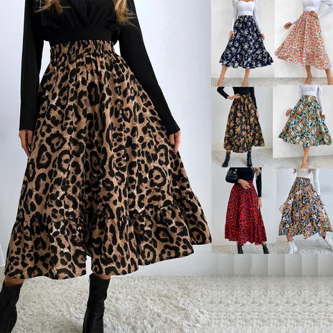 Spring Autumn Casual Streetwear Ditsy Floral Leopard Spandex Polyester Midi Dress Skirts