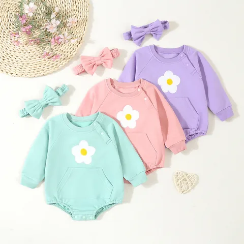 Casual Flower Pocket Polyester Baby Rompers