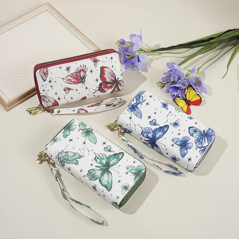 Women's Butterfly Cow Leather Fabric Zipper Wallets