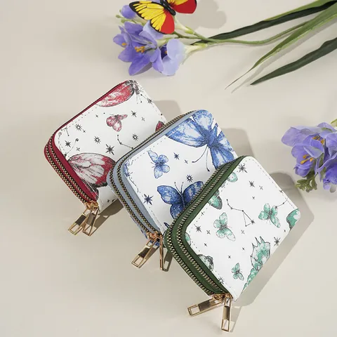 Women's Butterfly Cow Leather Fabric Zipper Wallets