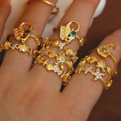 Copper 18K Gold Plated Frill Hollow Out Scallop Starfish Zircon Open Rings