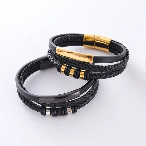 Hip-Hop Double Ring Leather Plating Men's Bracelets