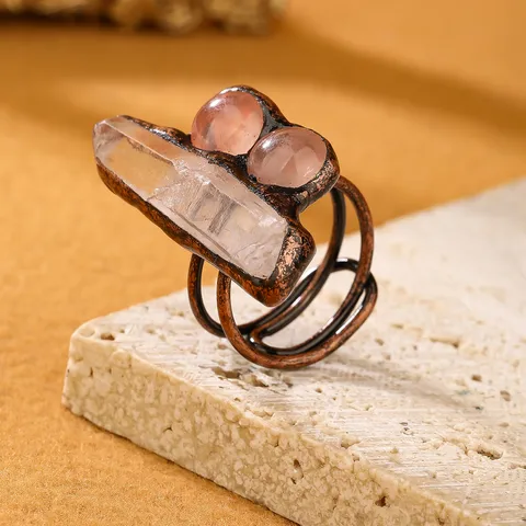 Copper Handmade Inlay Asymmetrical Irregular Crystal Open Rings